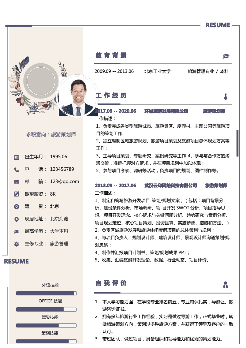 旅游策劃師求職簡(jiǎn)歷 旅游開發(fā)項(xiàng)目策劃咨詢專長(zhǎng)“,